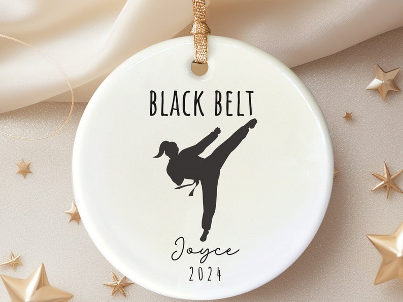 Custom female black belt ornament – black belt gift for her personalized Christmas ornament