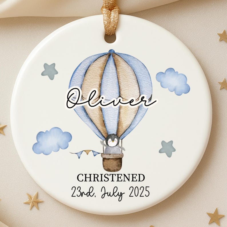 Personalized Christening Ornament: Watercolor Hot Air Balloon Keepsake product image 5