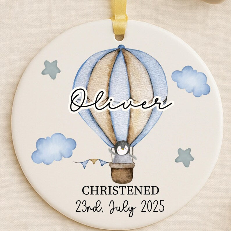 Personalized Christening Ornament: Watercolor Hot Air Balloon Keepsake personalized Christmas ornament