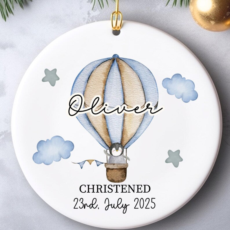 Personalized Christening Ornament: Watercolor Hot Air Balloon Keepsake product image 7