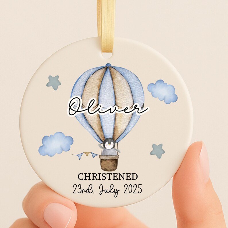 Personalized Christening Ornament: Watercolor Hot Air Balloon Keepsake product image 3