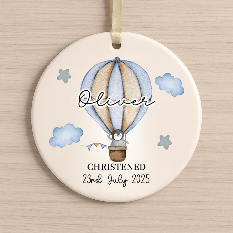 Personalized Christening Ornament: Watercolor Hot Air Balloon Keepsake product image 9