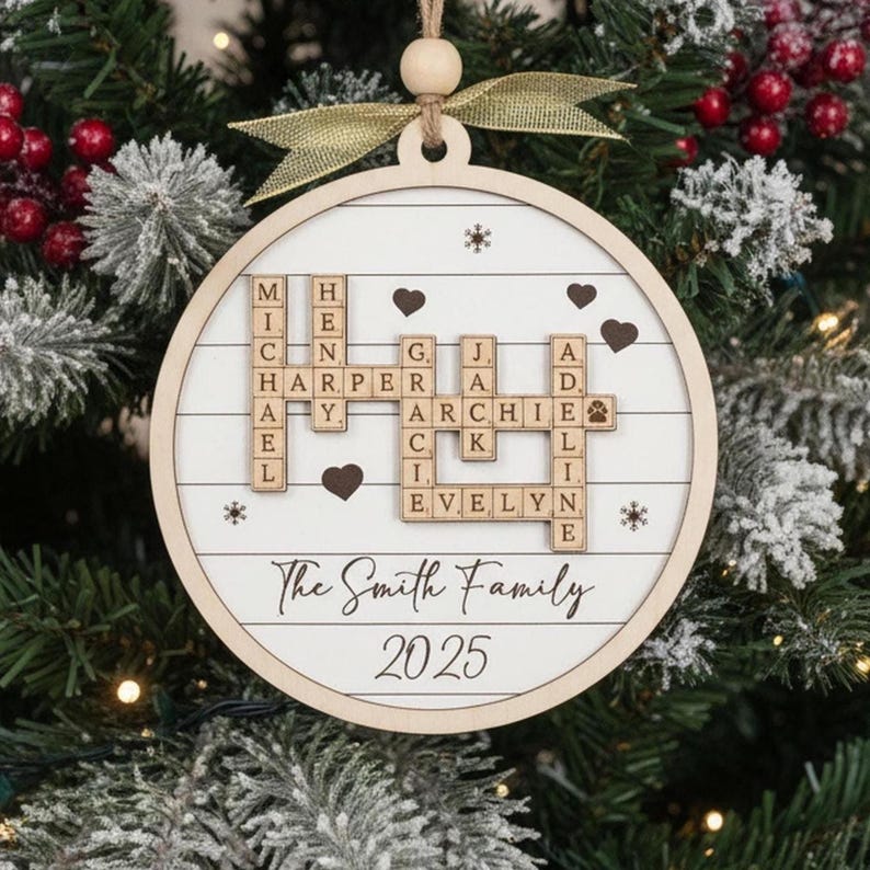 Personalized Family Crossword Ornament – Custom Names Keepsake personalized acrylic Christmas ornament