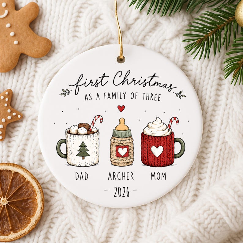 First Christmas as a Family of 3 Ornament | Personalized New Baby Christmas Ornament | Baby's F product image 9