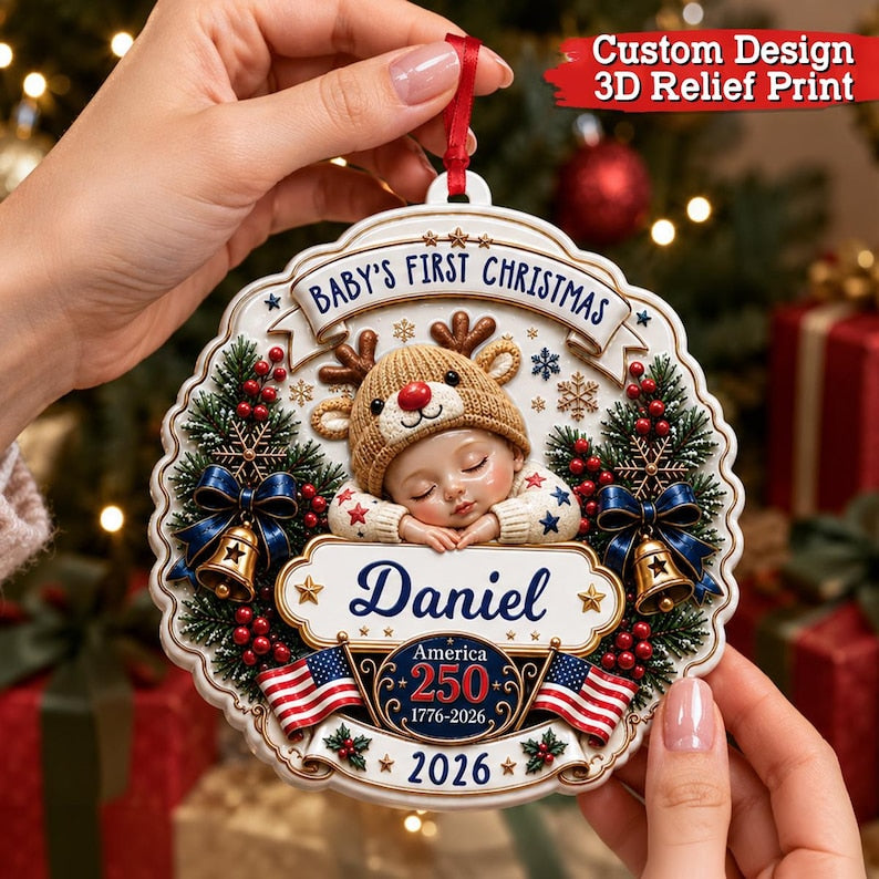Baby's First Christmas 2026 Ornament – Personalized Name America 250 Keepsake personalized acrylic Christmas ornament